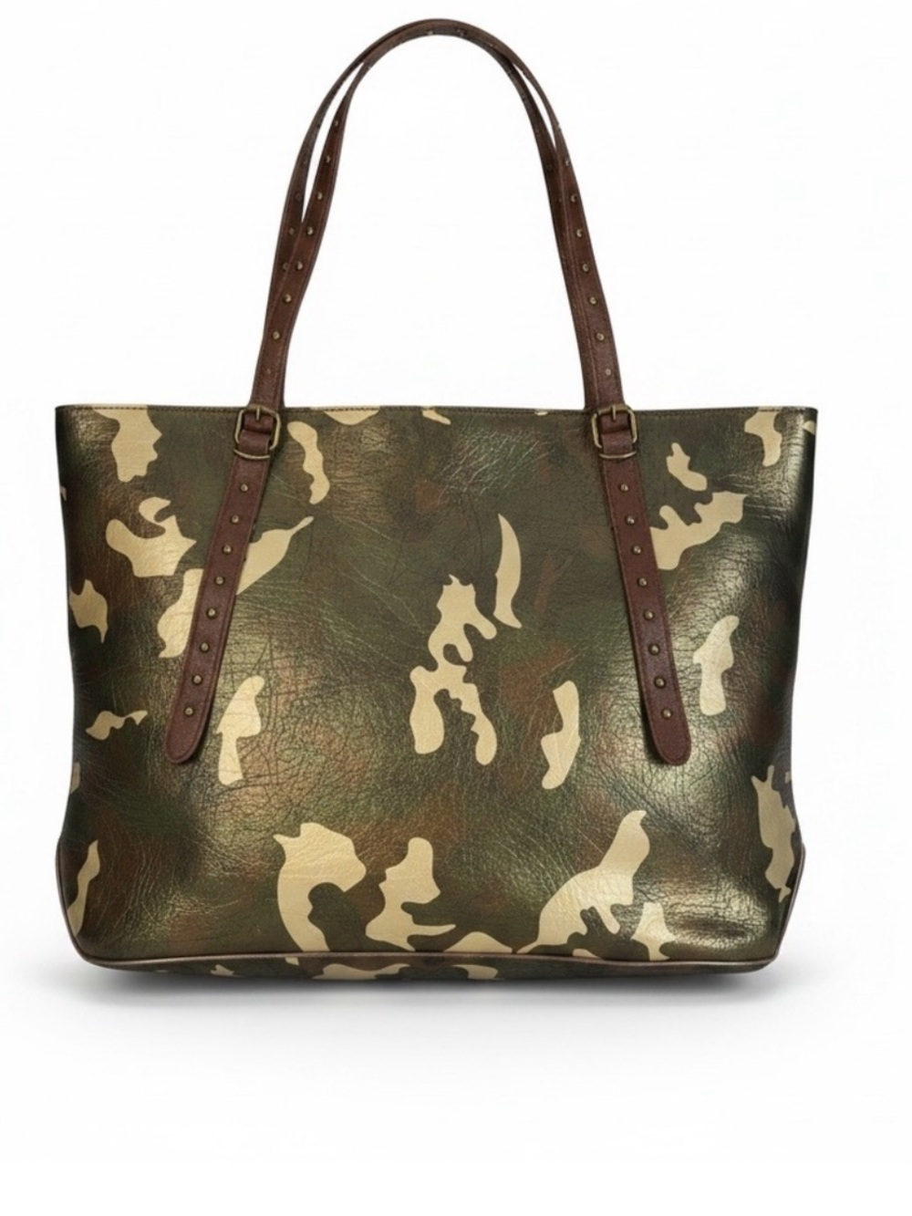 Camo Print Tote with Studded Brown Straps